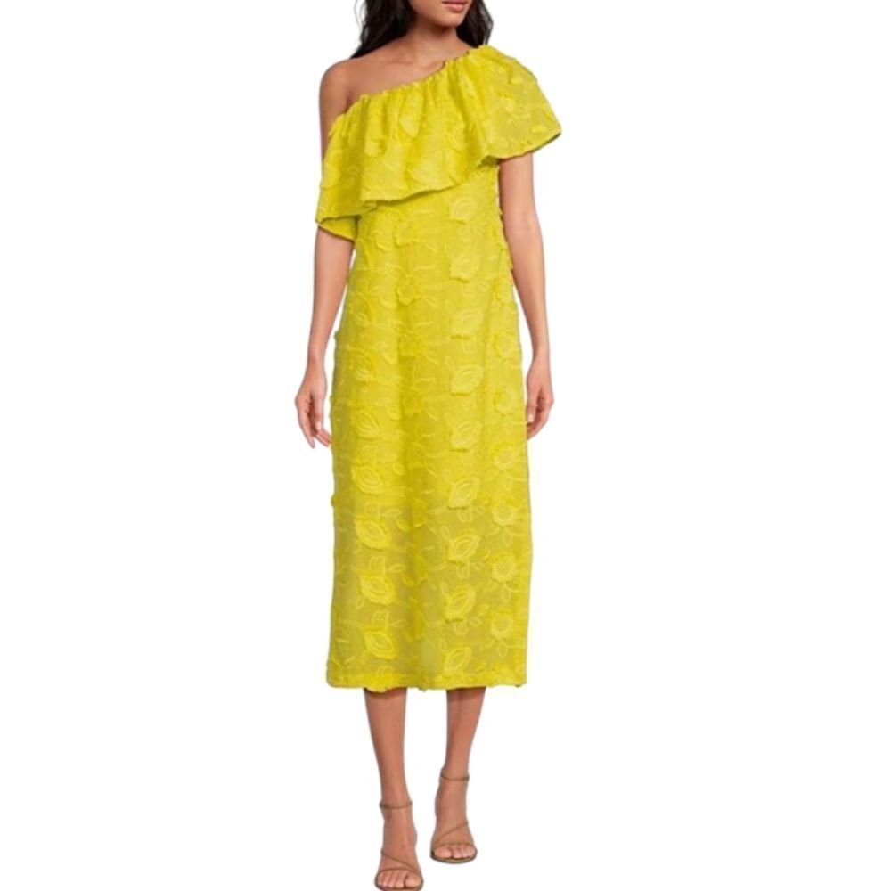 Abbey Glass Sutton Yellow Lace 3D Floral Ruffle One Shoulder Midi Dress NEW